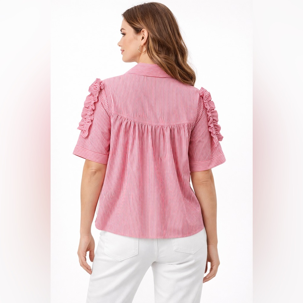 Walter Baker Pinstripe Ruffle Sleeve Blouse Red | Size M